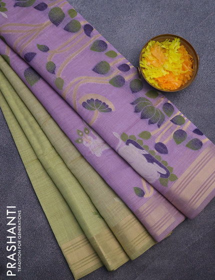 Munga cotton saree pista green and lavender shade with zari woven buttas and zari woven border