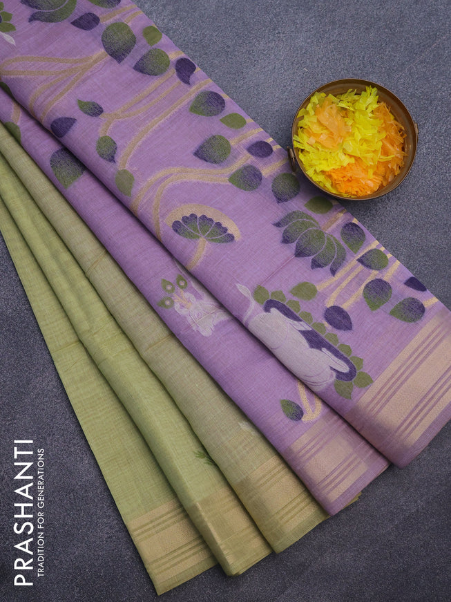 Munga cotton saree pista green and lavender shade with zari woven buttas and zari woven border