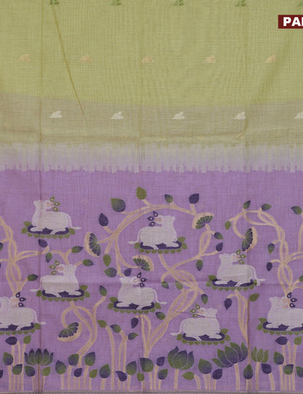 Munga cotton saree pista green and lavender shade with zari woven buttas and zari woven border