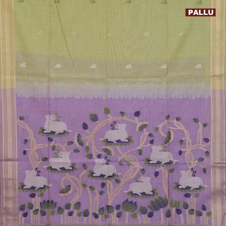 Munga cotton saree pista green and lavender shade with zari woven buttas and zari woven border