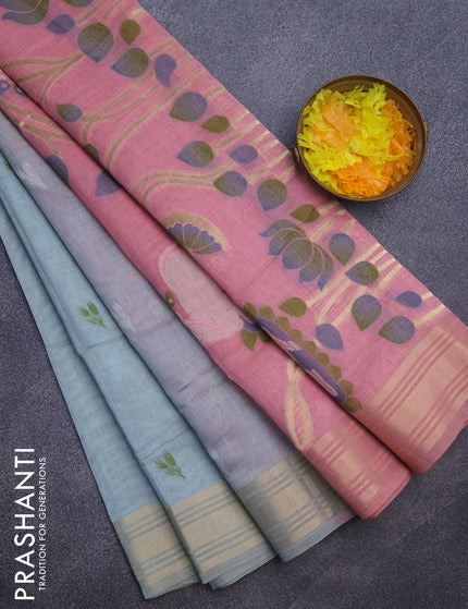 Munga cotton saree pastel blue and peach pink with zari woven buttas and zari woven border