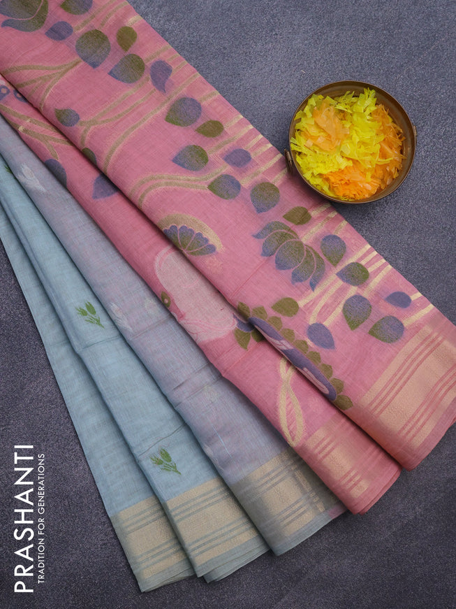 Munga cotton saree pastel blue and peach pink with zari woven buttas and zari woven border