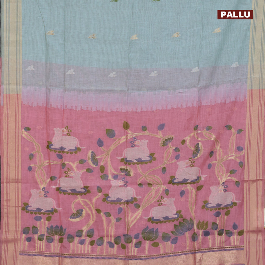 Munga cotton saree pastel blue and peach pink with zari woven buttas and zari woven border