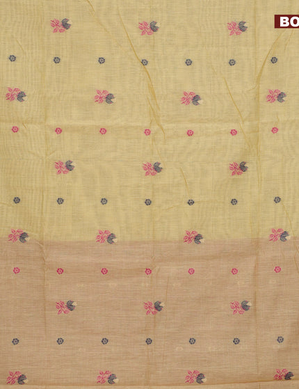 Munga cotton saree yellow and pink with thread woven buttas in borderless style