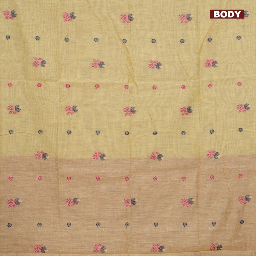 Munga cotton saree yellow and pink with thread woven buttas in borderless style