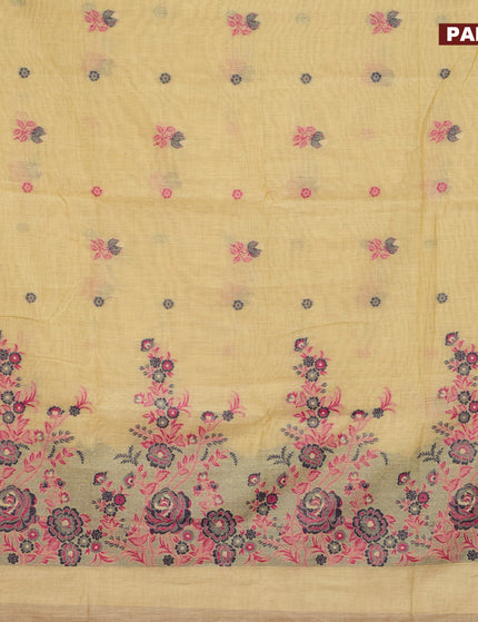 Munga cotton saree yellow and pink with thread woven buttas in borderless style