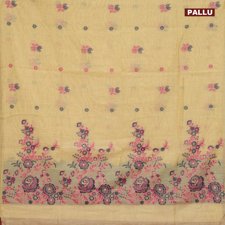 Munga cotton saree yellow and pink with thread woven buttas in borderless style