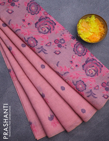 Munga cotton saree light pink and pink with thread woven buttas in borderless style