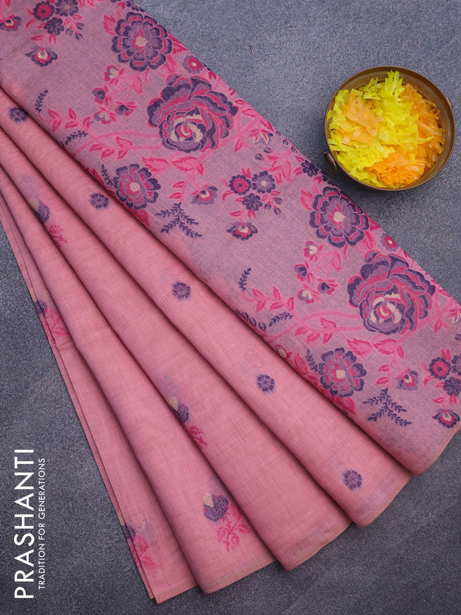 Munga cotton saree light pink and pink with thread woven buttas in borderless style