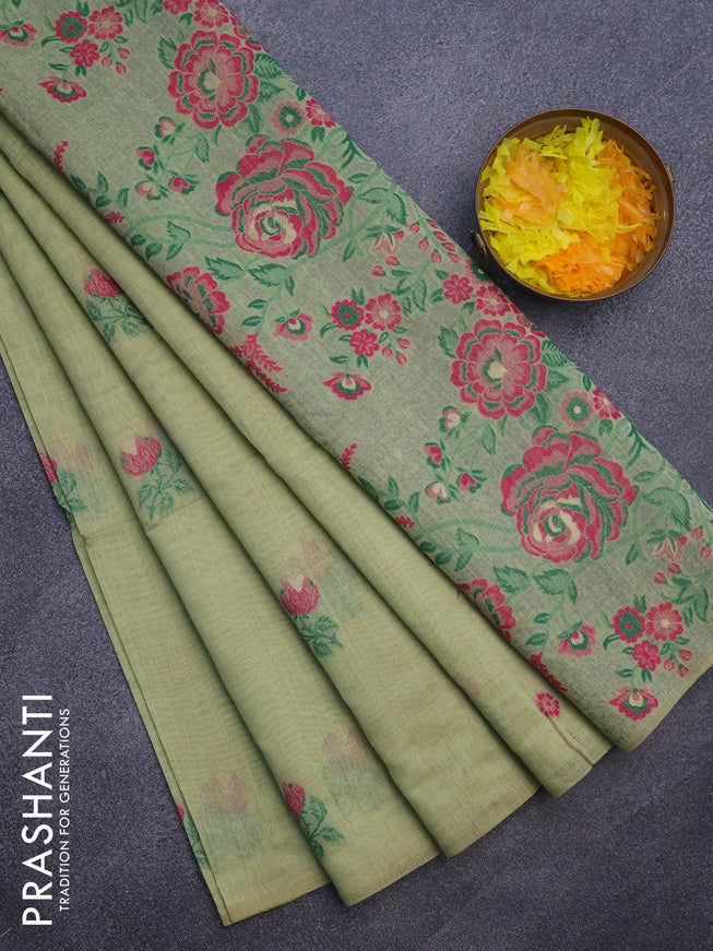 Munga cotton saree pista green and green with thread woven buttas in borderless style