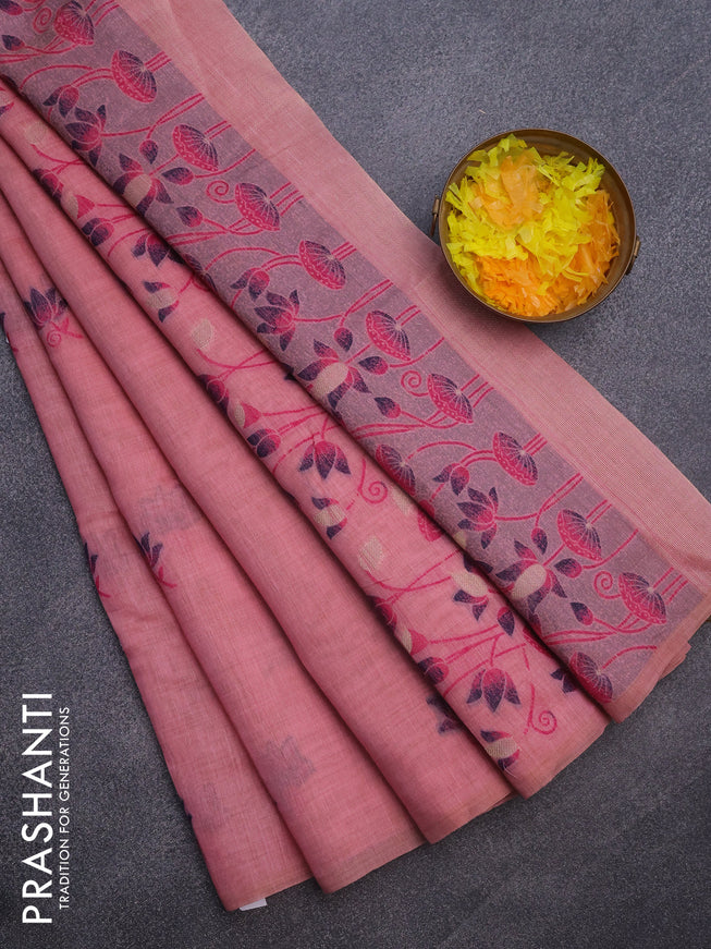 Munga cotton saree pink shade and pink with thread woven buttas in borderless style