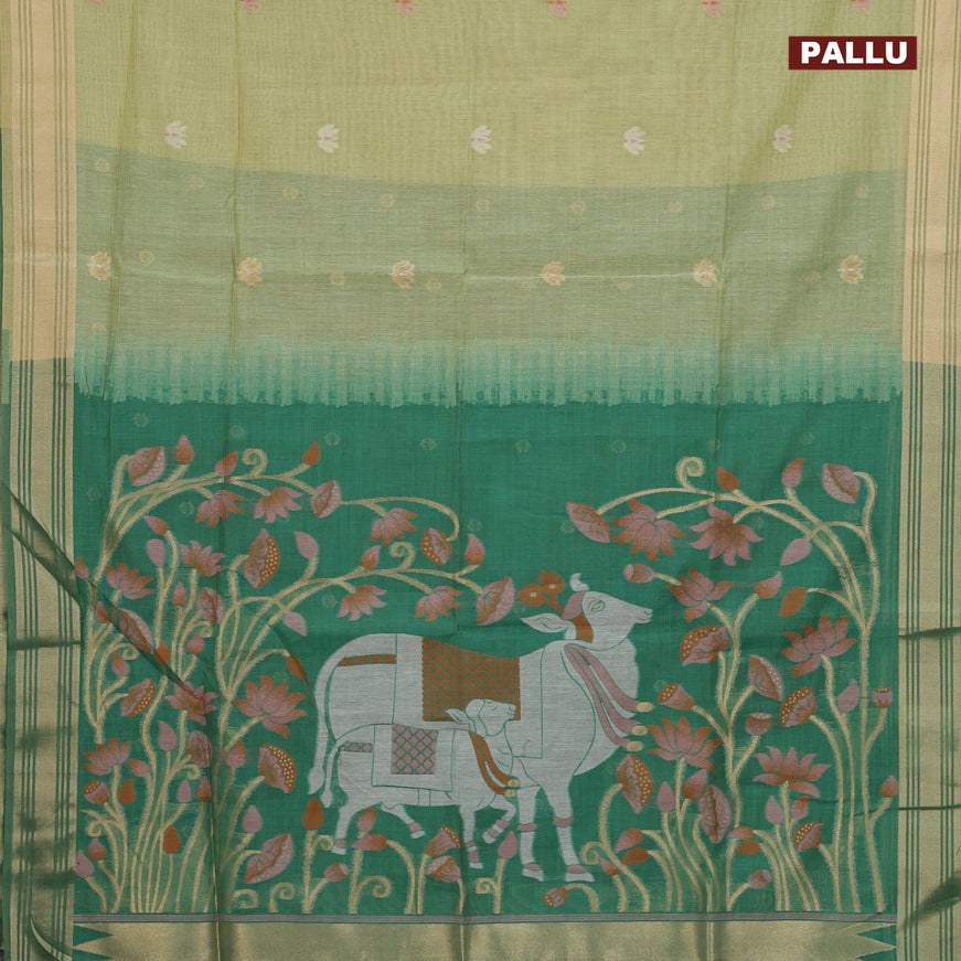 Munga cotton saree pista green and green with zari woven buttas and zari woven border