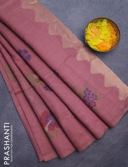 Munga cotton saree mauve pink and dark blue with allover thread weaves in borderless style