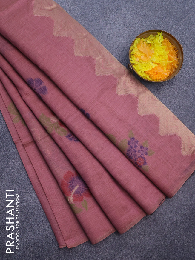 Munga cotton saree mauve pink and dark blue with allover thread weaves in borderless style