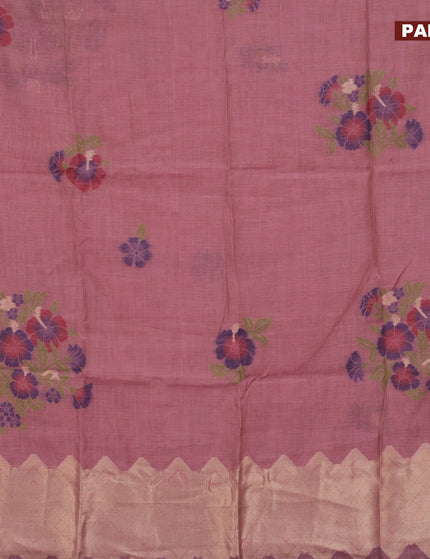 Munga cotton saree mauve pink and dark blue with allover thread weaves in borderless style