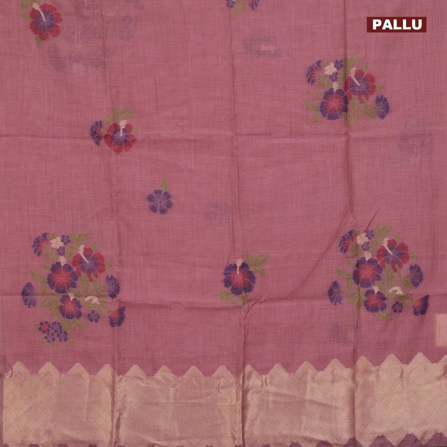 Munga cotton saree mauve pink and dark blue with allover thread weaves in borderless style