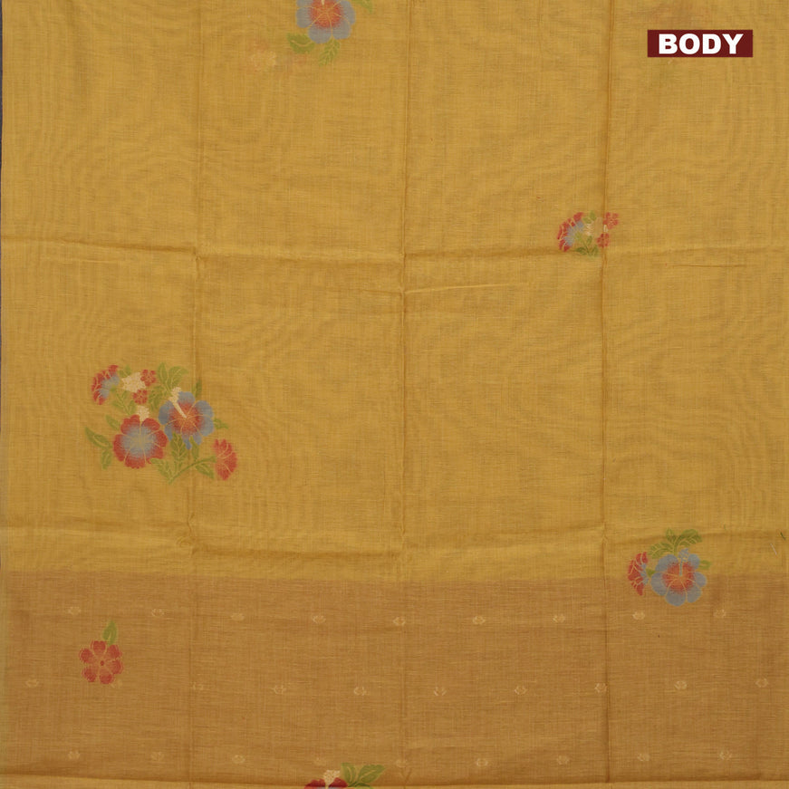 Munga cotton saree mustard yellow and maroon with allover thread weaves in borderless style