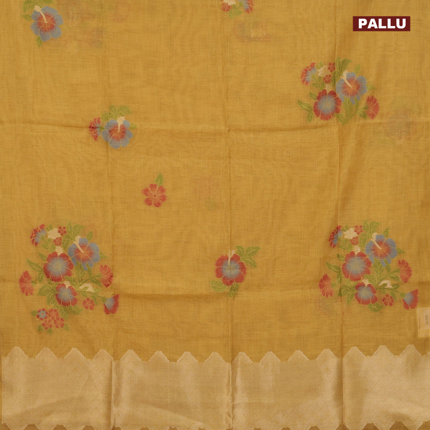 Munga cotton saree mustard yellow and maroon with allover thread weaves in borderless style