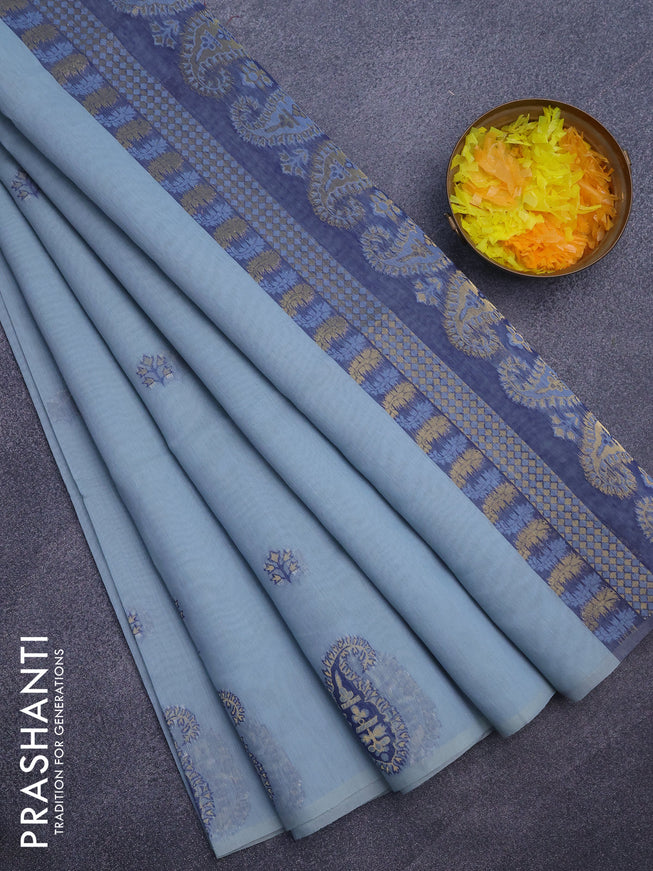 Munga cotton saree pastel blue and blue with woven buttas in borderless style