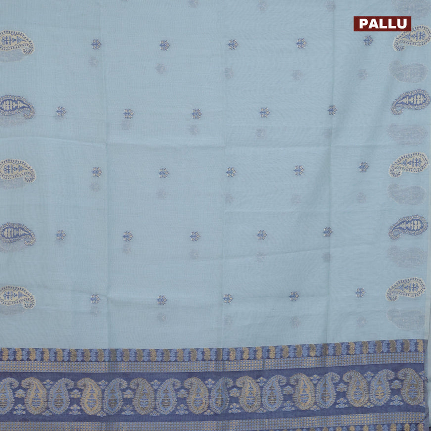 Munga cotton saree pastel blue and blue with woven buttas in borderless style