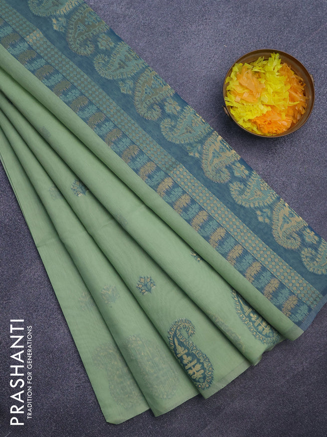 Munga cotton saree pastel green and blue with woven buttas in borderless style