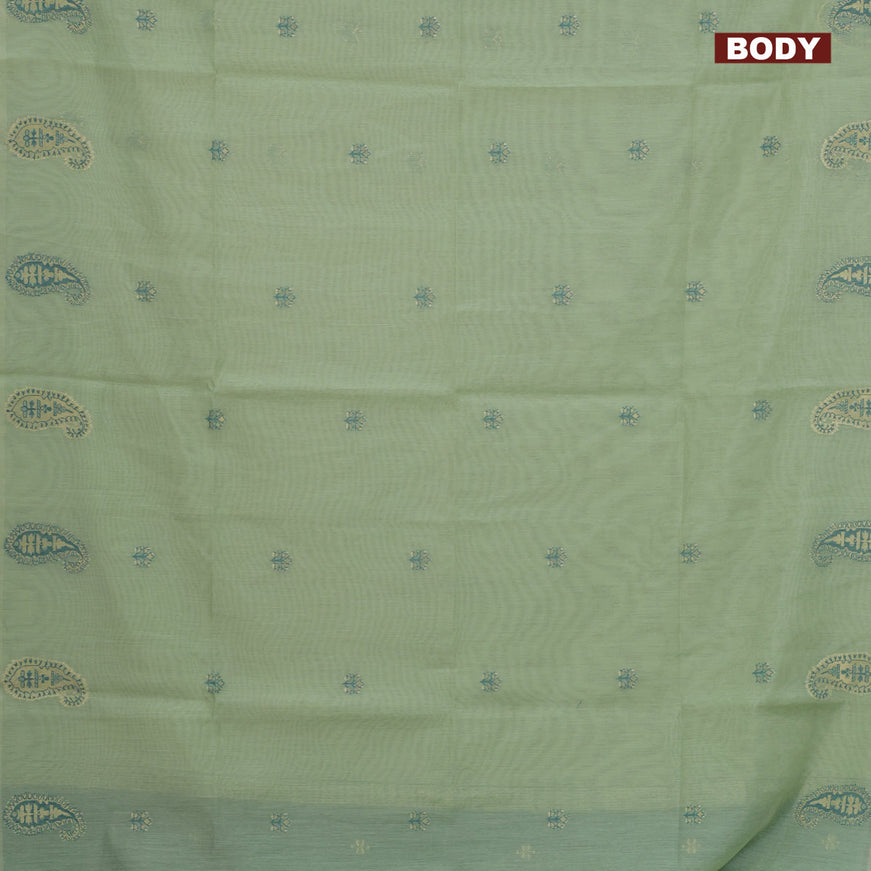 Munga cotton saree pastel green and blue with woven buttas in borderless style