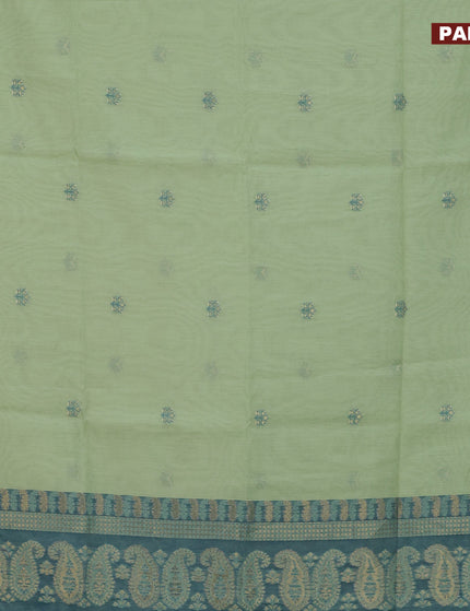 Munga cotton saree pastel green and blue with woven buttas in borderless style