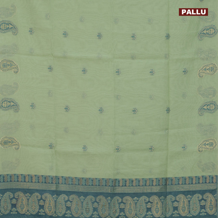 Munga cotton saree pastel green and blue with woven buttas in borderless style