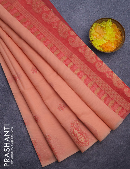 Munga cotton saree pale orange and red with woven buttas in borderless style