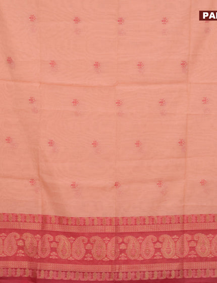 Munga cotton saree pale orange and red with woven buttas in borderless style