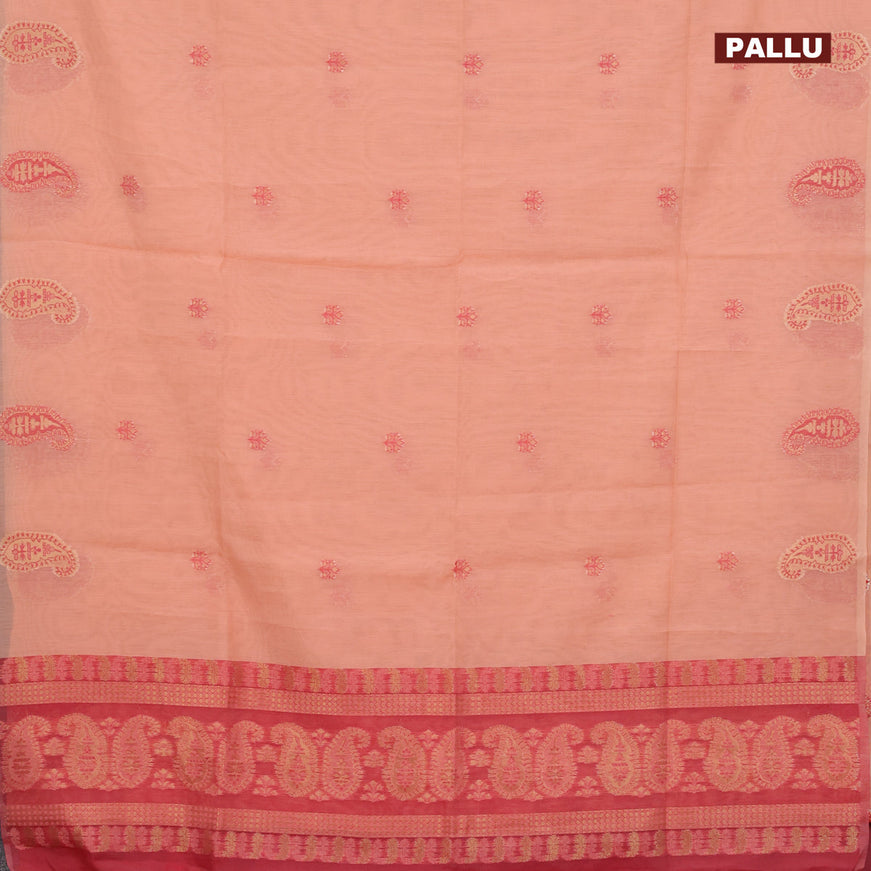 Munga cotton saree pale orange and red with woven buttas in borderless style