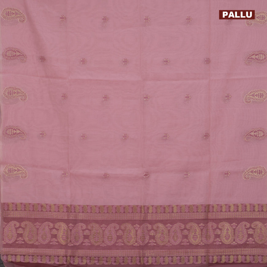 Munga cotton saree pastel pink and mauve pink with woven buttas in borderless style