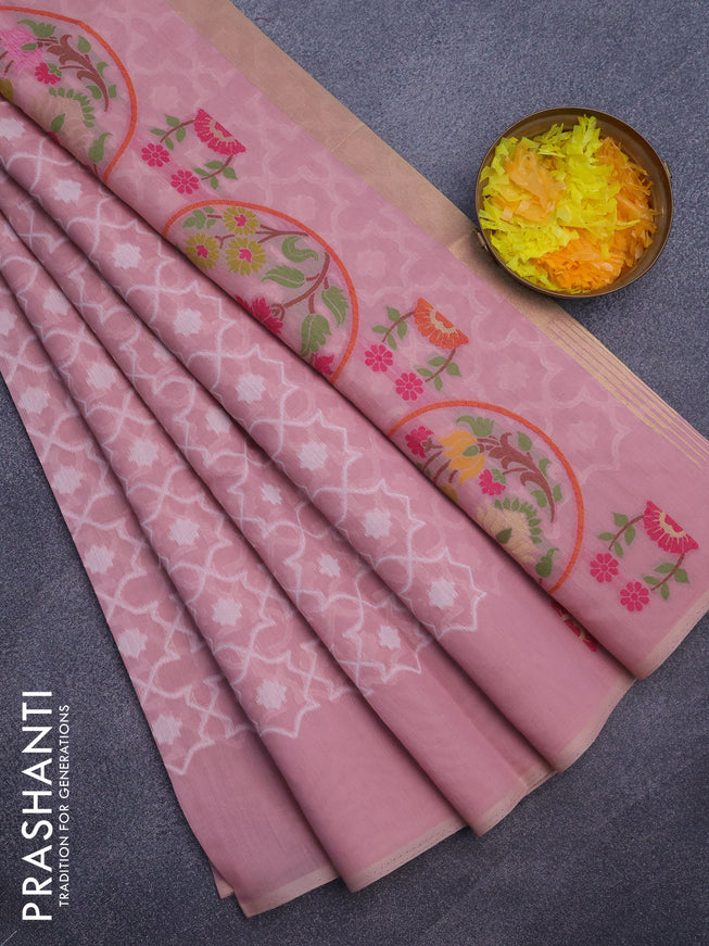 Munga cotton saree pastel pink with allover thread weaves in borderless style