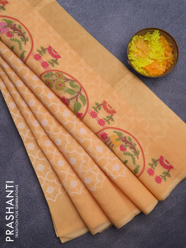 Munga cotton saree pale orange with allover thread weaves in borderless style