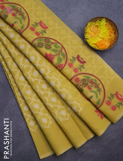 Munga cotton saree yellow with allover thread weaves in borderless style