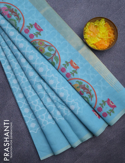 Munga cotton saree light blue with allover thread weaves in borderless style