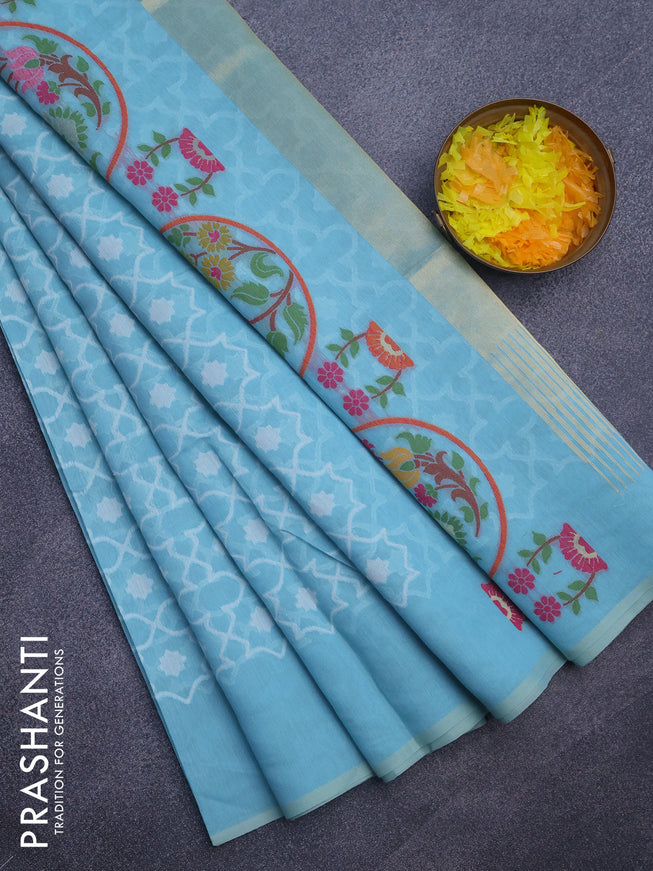 Munga cotton saree light blue with allover thread weaves in borderless style