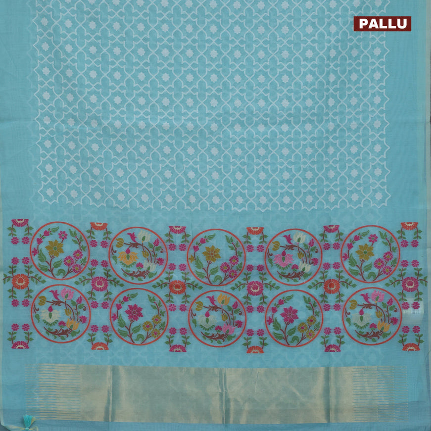 Munga cotton saree light blue with allover thread weaves in borderless style