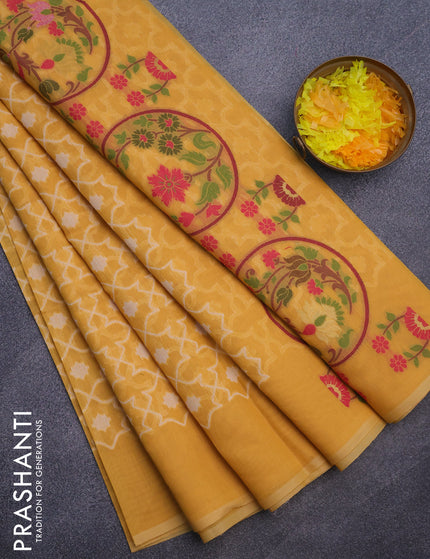 Munga cotton saree mustard yellow with allover thread weaves in borderless style