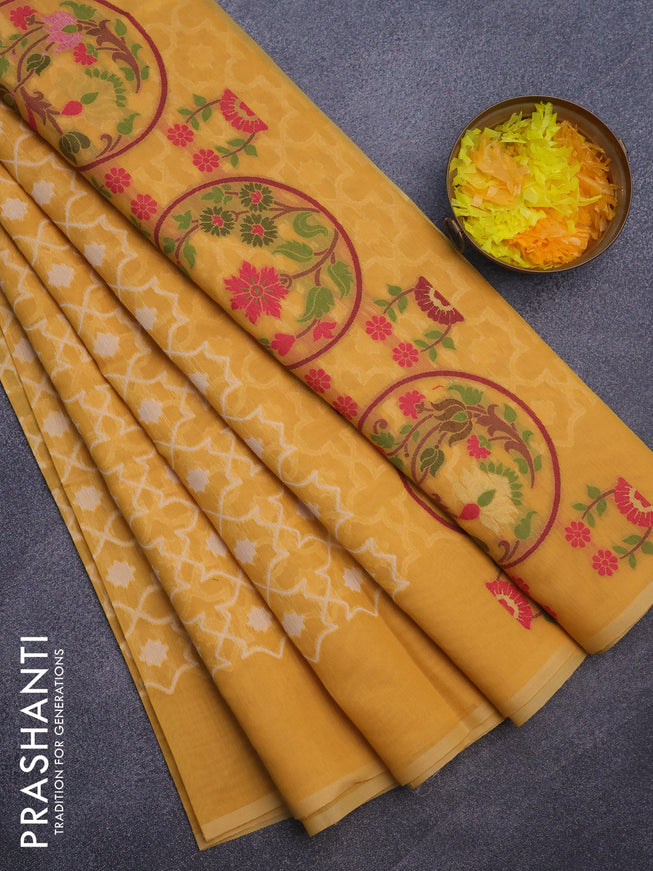 Munga cotton saree mustard yellow with allover thread weaves in borderless style