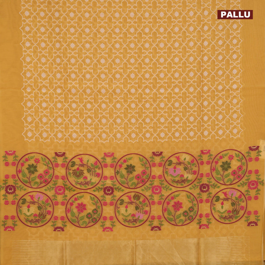 Munga cotton saree mustard yellow with allover thread weaves in borderless style