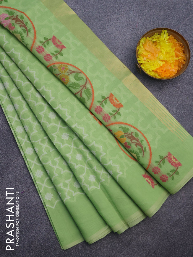 Munga cotton saree light green with allover thread weaves in borderless style