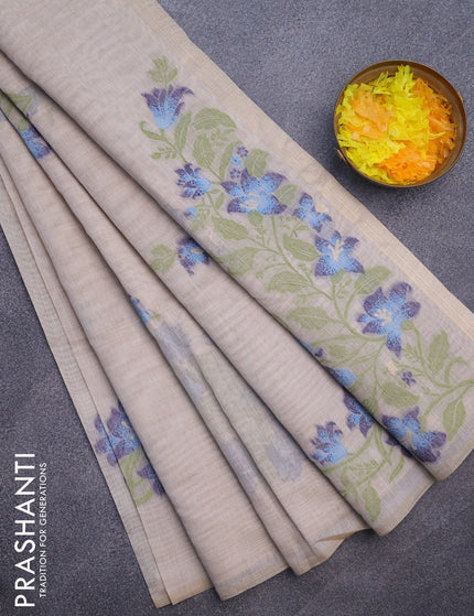 Munga cotton saree beige and dark blue with thread woven buttas in borderless style