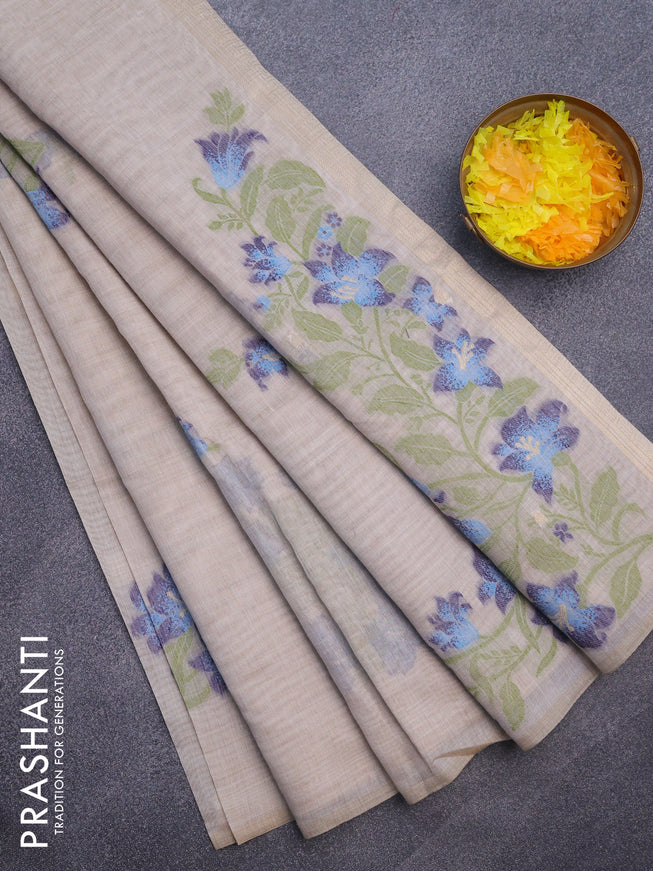 Munga cotton saree beige and dark blue with thread woven buttas in borderless style