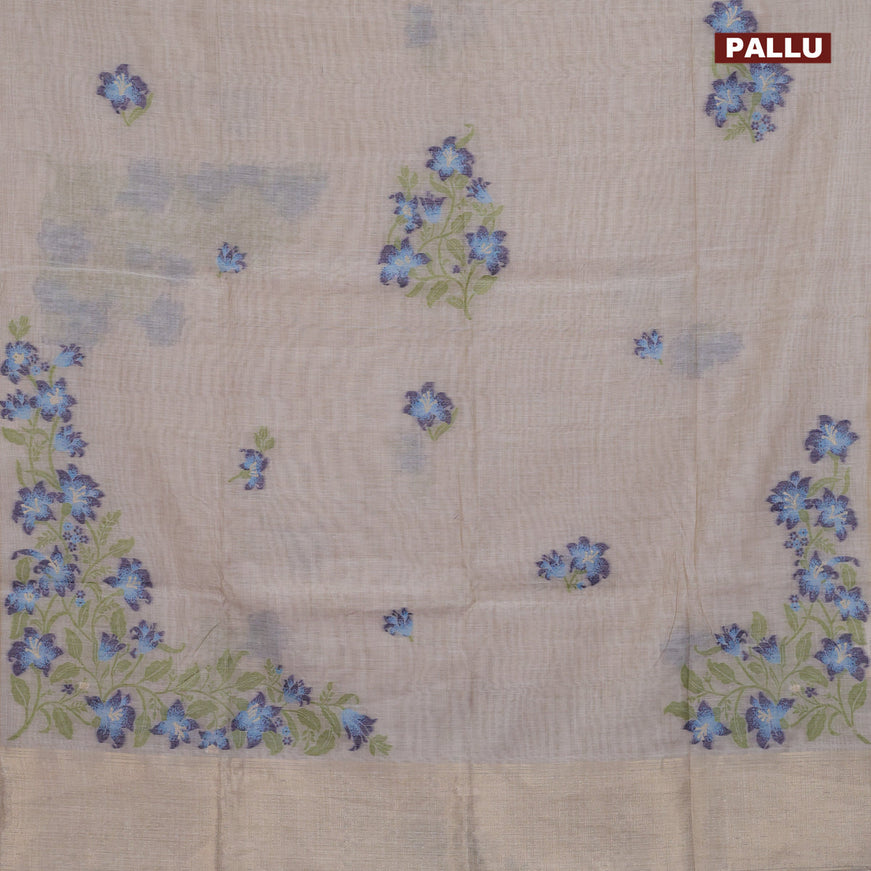 Munga cotton saree beige and dark blue with thread woven buttas in borderless style