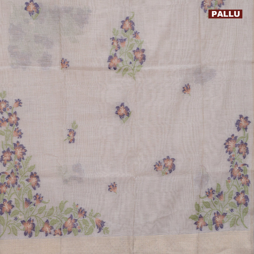 Munga cotton saree beige and dark blue with thread woven buttas in borderless style