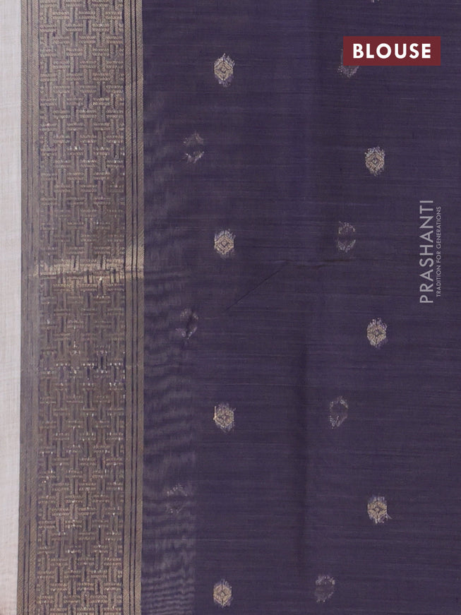 Munga cotton saree beige and dark blue with thread woven buttas in borderless style