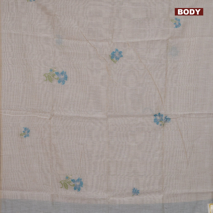 Munga cotton saree beige and teal blue with thread woven buttas in borderless style