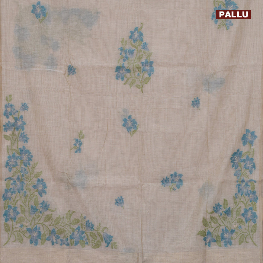 Munga cotton saree beige and teal blue with thread woven buttas in borderless style