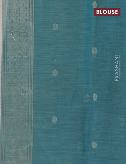 Munga cotton saree beige and teal blue with thread woven buttas in borderless style